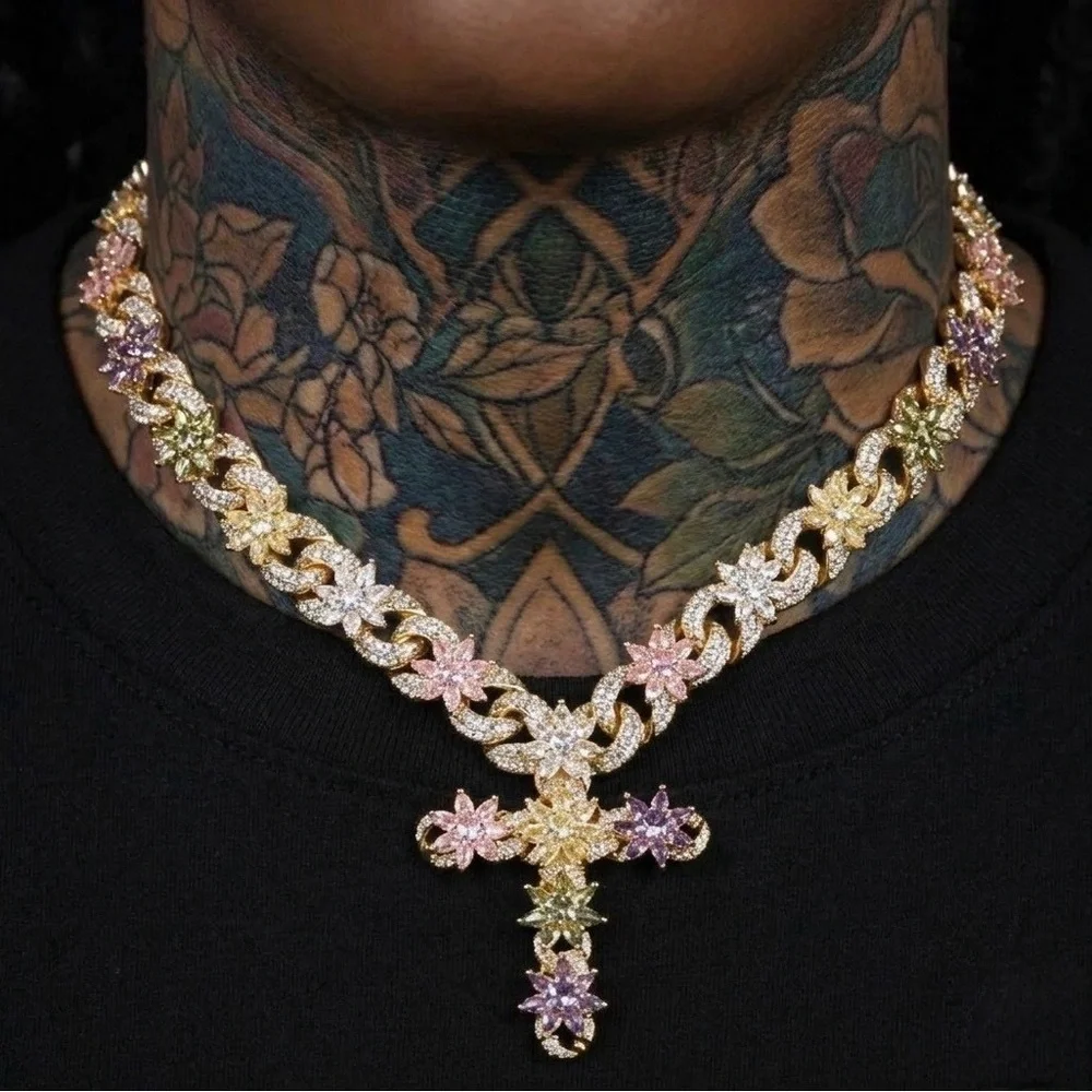Multicolor Floral Cross Cuban Chain Necklace - Women Jewelry 20inch